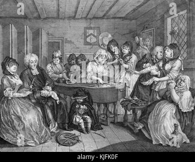 Incisione su carta, intitolata 'un'arlot's Progress, Plate 6, la sveglia di Moll', raffigurante una stanza piena di donne, un po' di lutto, intorno a una bara aperta, la maggior parte bevente, di William Hogarth, 1732. Dalla Biblioteca pubblica di New York. Foto Stock