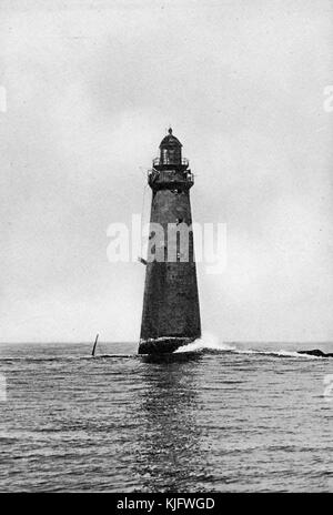 Fotografia di Minot's Ledge Light, con mari calmi, a Boston Harbor, Boston, Massachusetts, Boston, Massachusetts, 1913. Foto Stock