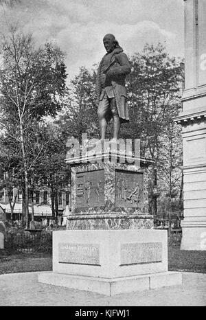 Fotografia della statua di bronzo di Benjamin Franklin, inaugurato il 17 settembre 1865, nella parte anteriore del Boston municipio della città, artista hammatt billings, Boston, massachusets, Boston, Massachusetts, 1913. Foto Stock