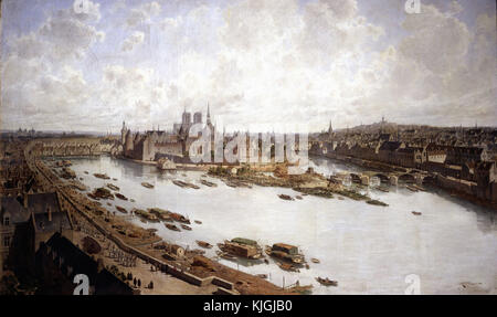 Théodore-Joseph-Hubert Hoffbouer; Fedor - Vista panoramica di Parigi nel 1588 dal tetto del Louvre con il Pont Neuf sotto costruzione e l'Ile de la Cité 1890 Foto Stock