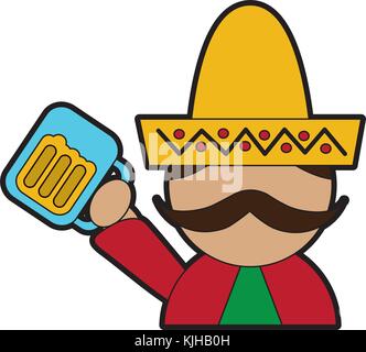 Uomo con sombrero tenendo la birra la cultura del Messico immagine dell'icona Illustrazione Vettoriale