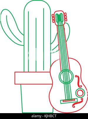 Cartoon vasi di cactus con chitarra messicana celebrazione Illustrazione Vettoriale