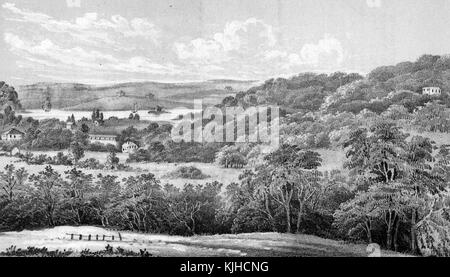 Un'incisione da un dipinto paesaggistico delle pianure di Harlem, l'area è coperta da colline ondulate, campi aperti e alberi, case possono essere viste sparse in tutto il paesaggio, 1830. Dalla New York Public Library. Foto Stock