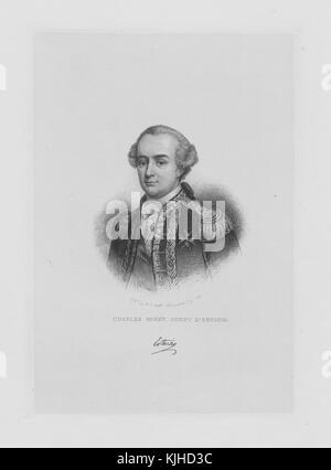 Ritratto inciso di Charles Henri Hector, conte d'Estaing, generale e ammiraglio francese, dopo l'entrata della Francia nella guerra d'indipendenza americana nel 1778, guidò una flotta per aiutare i ribelli americani, partecipò ad un fallito assedio franco-americano di Newport, Rhode Island nel 1778 e l'altrettanto infruttuoso assedio di Savannah del 1779 prima di tornare in Francia nel 1780, la sua firma copiata sul fondo, Francia, 1832. Dalla New York Public Library. Foto Stock