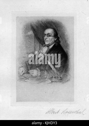 Ritratto inciso di Benjamin Franklin, seduto, firmato da Albert Rosenthal, 1800. Dalla Biblioteca pubblica di New York. Foto Stock
