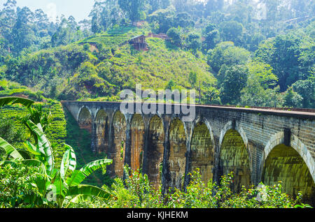 La bellissima nove ponte di arco tra la vegetazione lussureggiante di dello Sri Lanka highlands con l'enorme pendio a monte sullo sfondo, damodara, ella. Foto Stock