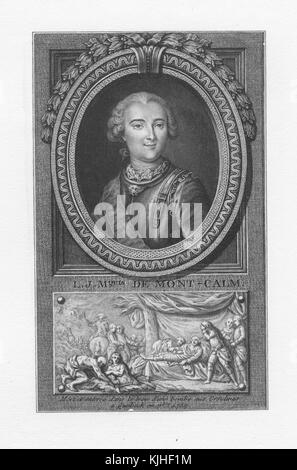 Un'incisione da un ritratto di Louis-Joseph de Montcalm, era un tenente generale francese noto per il suo comando delle forze francesi in Nord America durante la Guerra dei sette anni, sotto il suo ritratto è raffigurata una raffigurazione illustrata di un rilievo che mostra la morte di Montcalm dopo la battaglia delle Pianure di Abraham, la perdita francese della battaglia permise agli inglesi di conquistare Quebec City e rappresentò un cambiamento di slancio per la Gran Bretagna nella guerra del 1825. Dalla New York Public Library. Foto Stock