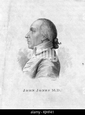 Un'incisione da un ritratto di un uomo identificato come John Jones MD, sta indossando una giacca che è tipica di abbigliamento indossato durante il 18 ° secolo, il suo stile di capelli è anche tipico del tempo, 1832. Dalla Biblioteca pubblica di New York. Foto Stock