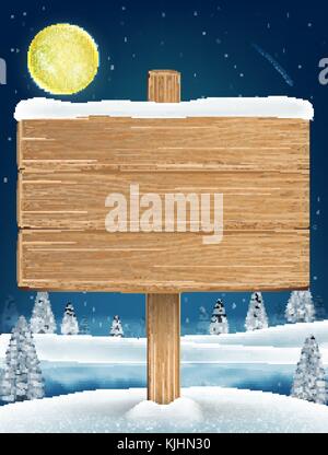 Pannello di legno sospiro sulla notte di Natale Lago inverno Illustrazione Vettoriale