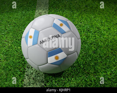 3D rendering del bianco pallone da calcio con impresso argentina bandiera colori collocato accanto alla linea di passo Foto Stock