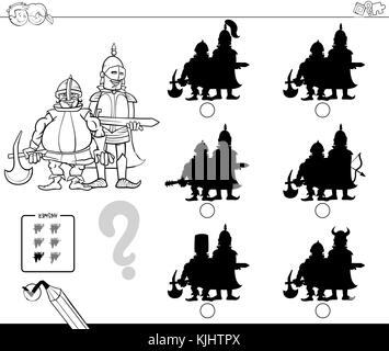 Bianco e nero cartoon illustrazione di trovare l'ombra senza differenze di attività educative per i bambini con cavalieri medievali caratteri colo Illustrazione Vettoriale