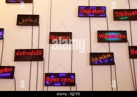 MusŽe de l'homme, Museo dell Umanità, Parigi. Benvenuto in diverse lingue. La Francia. Foto Stock