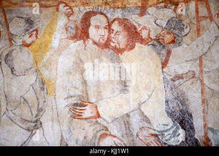 Archivio de Lugny chiesa. Xvi secolo muro dipinto. Cristo nella sua passione. Il bacio di Giuda. La Francia. Foto Stock