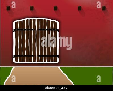 Enorme e vecchi cancelli in legno su una sporca borgogna parete. sesto per impasto. di confine e diritto di accesso. area protetta Illustrazione Vettoriale