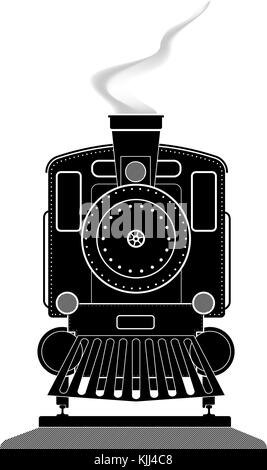 Profilo vista anteriore di una vecchia locomotiva su rotaie. in bianco e nero il vettore. Illustrazione Vettoriale