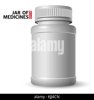 In plastica bianca jar per farmaci con un coperchio chiuso di tipo volumetrico e aspetto reale. vista laterale. Illustrazione Vettoriale