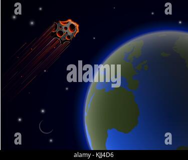 Un enorme asteroide firenze vola vicino al pianeta terra. la probabilità di una catastrofe in tutto il mondo. Illustrazione Vettoriale