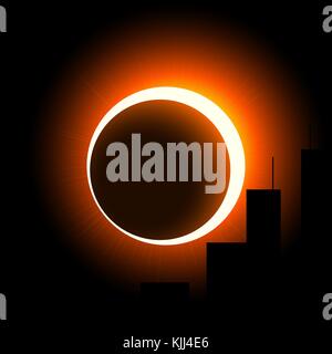 Un eclissi solare sulla città. La corona del sole è visibile attorno alla luna. arancione e nero. Illustrazione Vettoriale