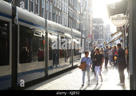 Sole autunnale sul Leidsestraat, ad Amsterdam, nei Paesi Bassi Foto Stock