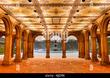 Gli illuminati minton piastrella soffitto a bethesda terrazza durante la notte in inverno nel central park di new york. Foto Stock