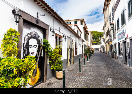 Ritratto di una cantante fado con chitarra portoghese in TV. Das Torres, la città vecchia di Funchal, Madeira, Portogallo Foto Stock