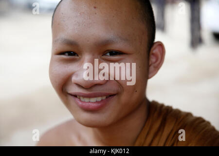 Sorridente giovane monaco in Wat Chedi Luang, Chiang Mai. Thailandia. Foto Stock
