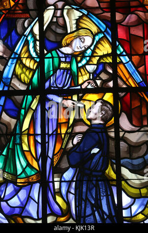 Cattedrale di Dalat. Finestra di vetro colorato. San Stanislao Kostka era un novizio polacco della Compagnia di Gesù. Dalat. Il Vietnam. Foto Stock