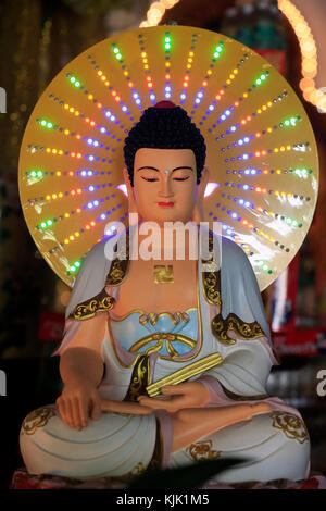 Chua Vinh Nghiem pagoda buddista. Statua del Buddha con luce al neon in-bhumisparsha mudra postura (chiamando la terra ad essere suo testimone). Ho Chi Minh Cit Foto Stock