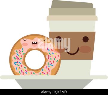 Kawaii monouso tazza di caffè e ciambelle crema smaltati in silhouette colorato su sfondo bianco Illustrazione Vettoriale