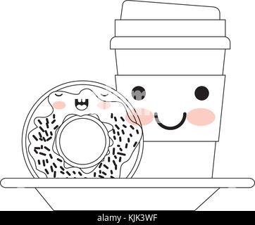 Kawaii monouso tazza di caffè e ciambelle crema smaltati in silhouette in bianco e nero su sfondo bianco Illustrazione Vettoriale
