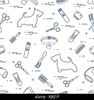 Modello con il cane, pettini, collare, guinzaglio, rasoio, asciugacapelli, ciotola, forbici. health care, toelettatura, prendersi cura di un cane, mostra. Illustrazione Vettoriale