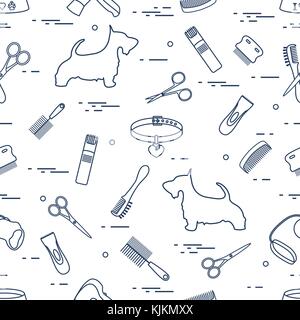 Modello con il cane, pettini, collare, guinzaglio, rasoio, asciugacapelli, ciotola, forbici. health care, toelettatura, prendersi cura di un cane, mostra. Illustrazione Vettoriale