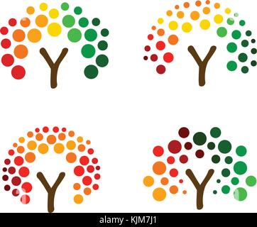 Albero colorato da cerchi, logo vettoriale set. foresta astratto raccolta di icone. eco prodotto organico icona. Illustrazione Vettoriale