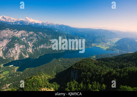 Il lago di Bohinj in Slovenia, vista aerea dalla montagna di VOGEL Foto Stock