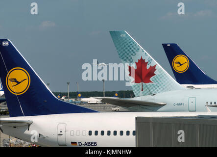 Una fila di coda-alette di Lufthansa Boeing 737-300, Air Canada Boeing 767-300 ER e A340-300 parcheggiata con un Lufthansa Airbus A321 sbarco dietro Foto Stock