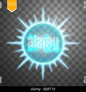 Venti quattro sette concetto aperto tutti i giorni.illustrazione di vettore insegna al neon. Aperto 24 ore incandescente telaio al neon su sfondo trasparente. 24 7 Illustrazione Vettoriale