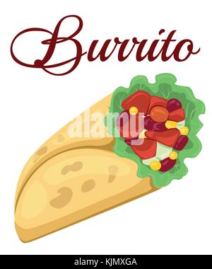 Burrito messicano icona. illustrazione di un appetitoso cartoon fast food burrito messicano icona, con mais wrap, foglie di insalata, pomodori, formaggi e pollo Illustrazione Vettoriale