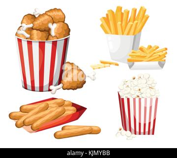 Grande gruppo di prodotti da fast food. illustrazione vettoriale isolati su sfondo bianco. set di formaggio stick, popcorn, patatine fritte, pollo fritto in striscia Illustrazione Vettoriale