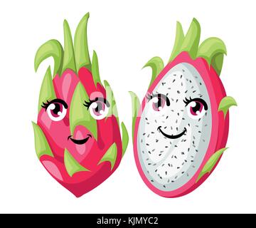 Tutto il vettore e affettato vivid pink dragon frutto isolato su sfondo bianco. frutta con occhi. sito web pagina e mobile app design. Illustrazione Vettoriale