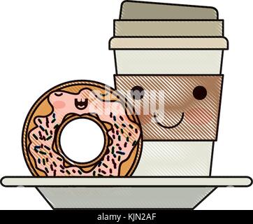 Kawaii monouso tazza di caffè e ciambelle crema smaltati in matita colorata silhouette Illustrazione Vettoriale