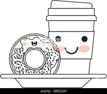 Kawaii monouso tazza di caffè e ciambelle crema smaltati in nero silhouette punteggiata Illustrazione Vettoriale