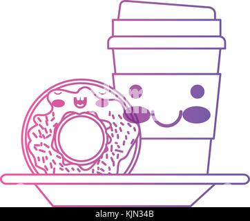Kawaii monouso tazza di caffè e ciambelle crema smaltati in degradato a magenta color porpora contour Illustrazione Vettoriale