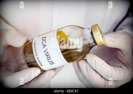 Medico detiene il flaconcino. prove per la ricerca di zika prova concettuale di immagine Foto Stock
