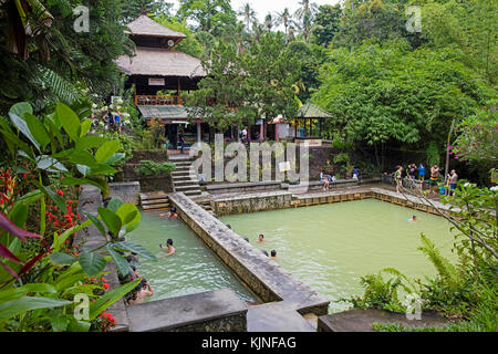 Turisti che fanno il bagno nelle sorgenti termali di Banjar / Air Panas, Dencarik a ovest di Lovina nel nord di Bali, Indonesia Foto Stock