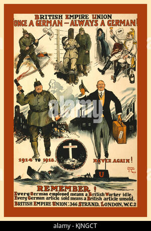 VINTAGE ANTI PROPAGANDA TEDESCA POSTER 1916 l'impero britannico Unione (BEU) è stata creata nel Regno Unito durante la Prima Guerra Mondiale, nel 1916, dopo aver cambiato il suo nome dall'Unione Anti-German, che era stata fondata nel mese di aprile 1915. Dal dicembre 1922 all'estate 1952, ha pubblicato un regolare ufficiale. Essa rappresentava il patriottismo, riforma sociale, pace industriale, promozione dell'Impero e anti-socialismo. Foto Stock