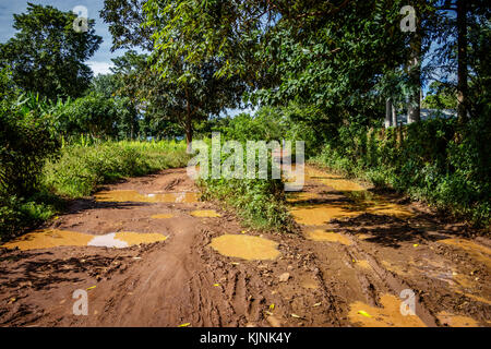 Una pessima rural strada sterrata vicino mbale dopo un monsone di doccia con getto a pioggia. La popolazione locale in Uganda la guida di biciclette e moto deve essere molto ski Foto Stock