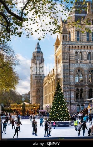 Il Natale pista di pattinaggio su ghiaccio presso il Museo di Storia Naturale di Londra Foto Stock