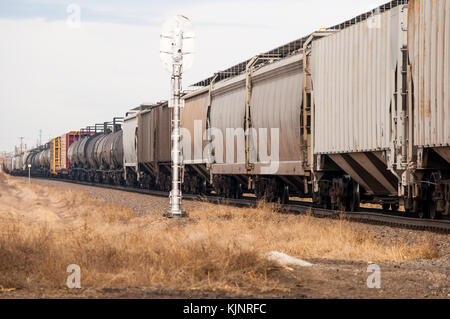 La mattina presto il treno nelle zone rurali del Colorado, usa il passaggio di un segnale ferroviario. Foto Stock