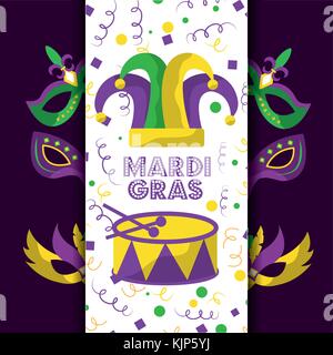 Mardi Gras jester hat il messaggio di saluto della scheda tamburo decorazione maschere Illustrazione Vettoriale