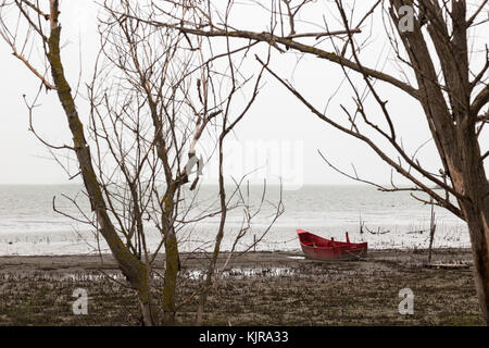 Un po' di rosso barca su un lago vicino a qualche struttura scheletrica, su un moody giorno Foto Stock